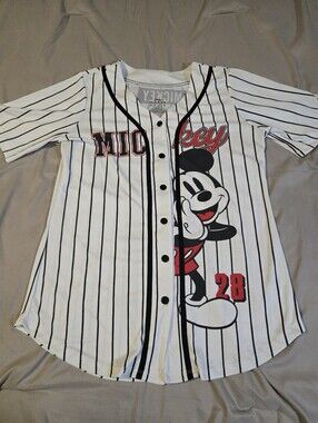 Disney Mickey Mouse Baseball Jersey Women’s L 12/14 Pinstripe Button Front